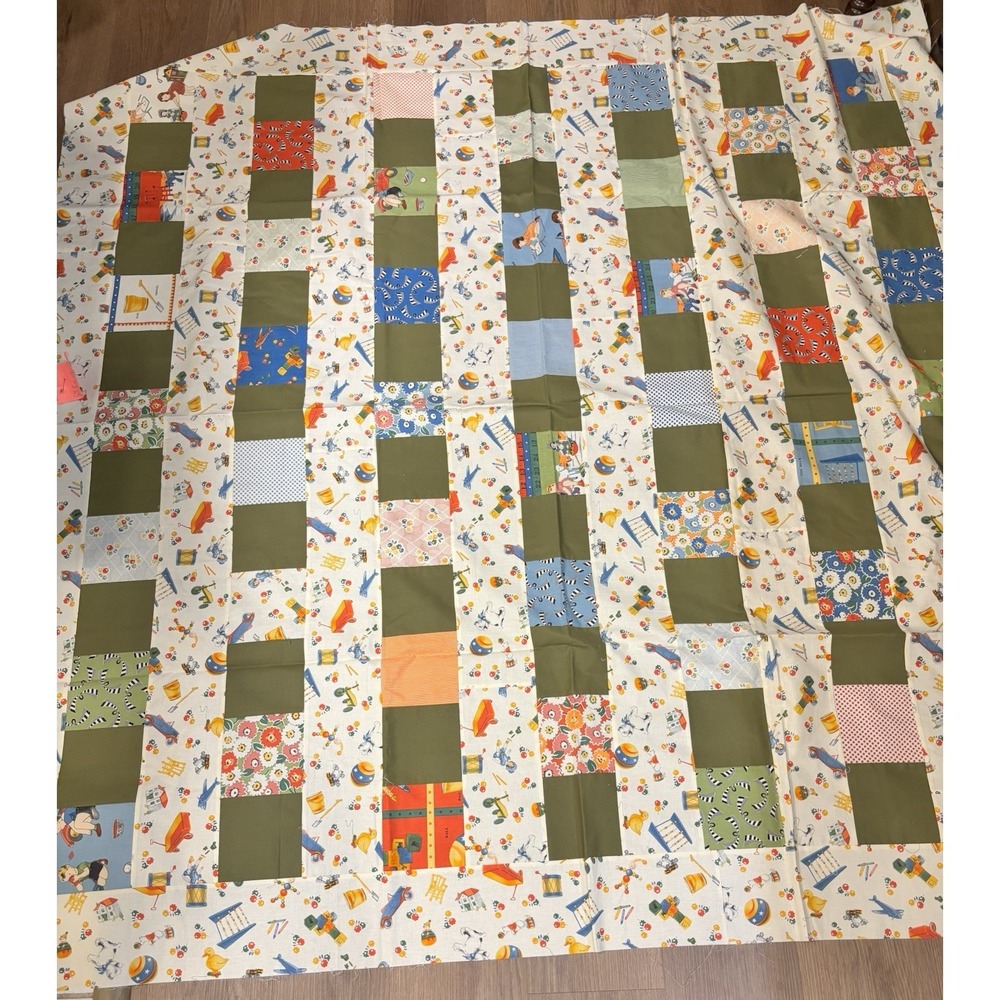 Handmade Quilt Top Backing Set 67.5x68 Patchwork Cotton Kids Toy Print - Picture 2 of 6